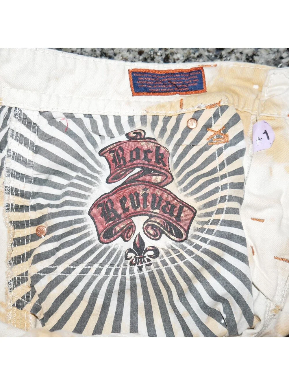 ROCK REVIVAL Suhul Alt Straight Denim Jeans Mens 36x34 White Orange Tie Dye
